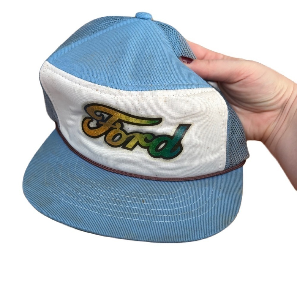 Vintage Ford Dealer Promo Light Blue Rainbow Foam Line Mesh Snapback Trucker Hat